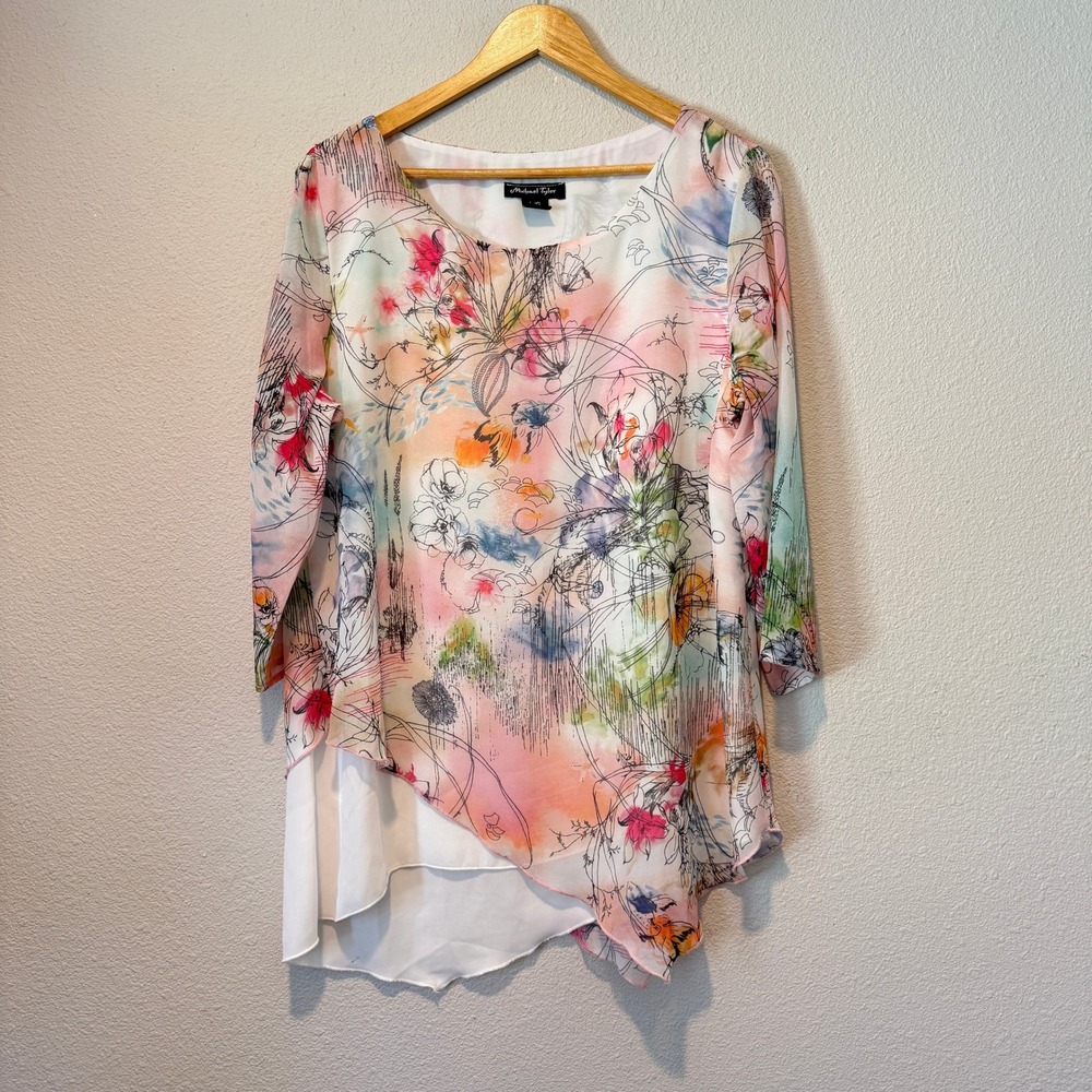 Michael Tyler Floral Watercolor Layered Asymmetrical Tunic Top Pink White L